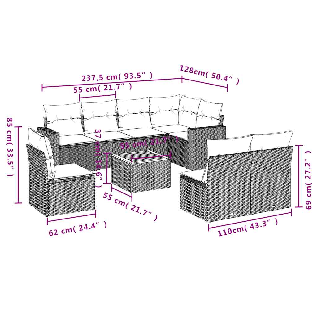 vidaXL 9 pcs conjunto sofás p/ jardim c/ almofadões vime PE cinzento