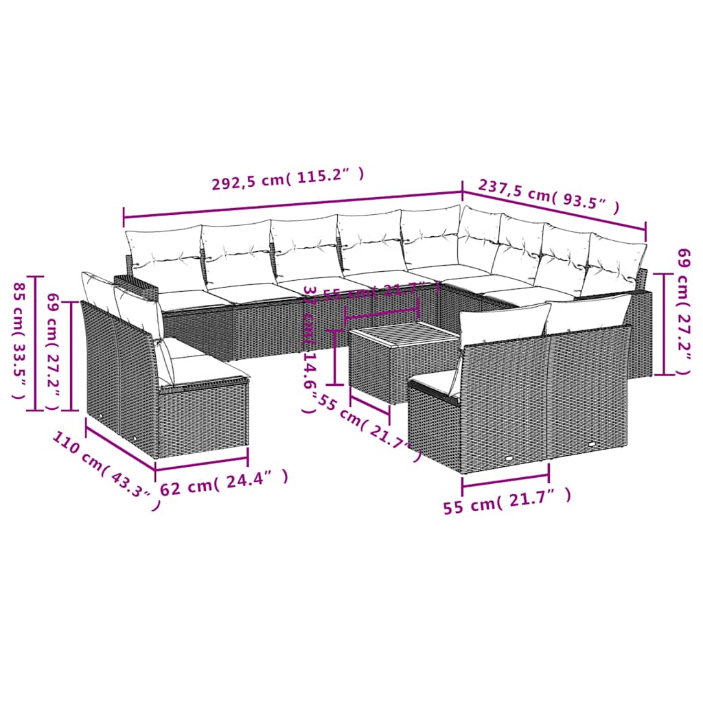 vidaXL 13-piece garden sofa set with wicker cushions, PE gray.