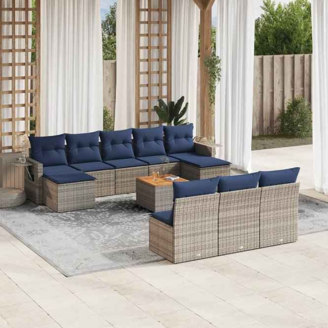 Conjunto de sofá de jardín vidaXL de 11 piezas con cojines, mimbre PE gris.