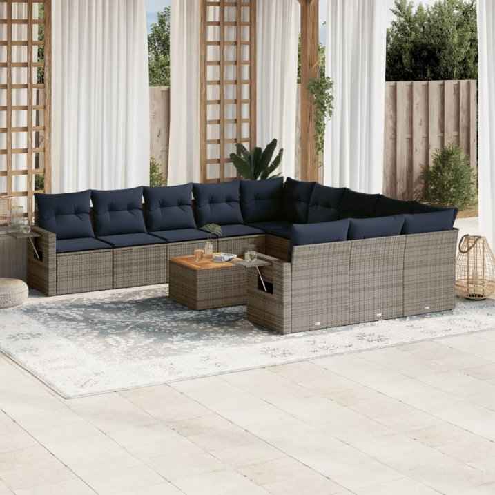 vidaXL 12-piece garden sofa set with wicker cushions, gray PE fabric.