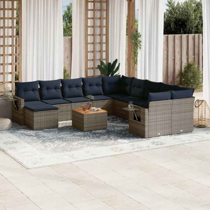 vidaXL 12-piece garden sofa set with wicker cushions, PE gray.