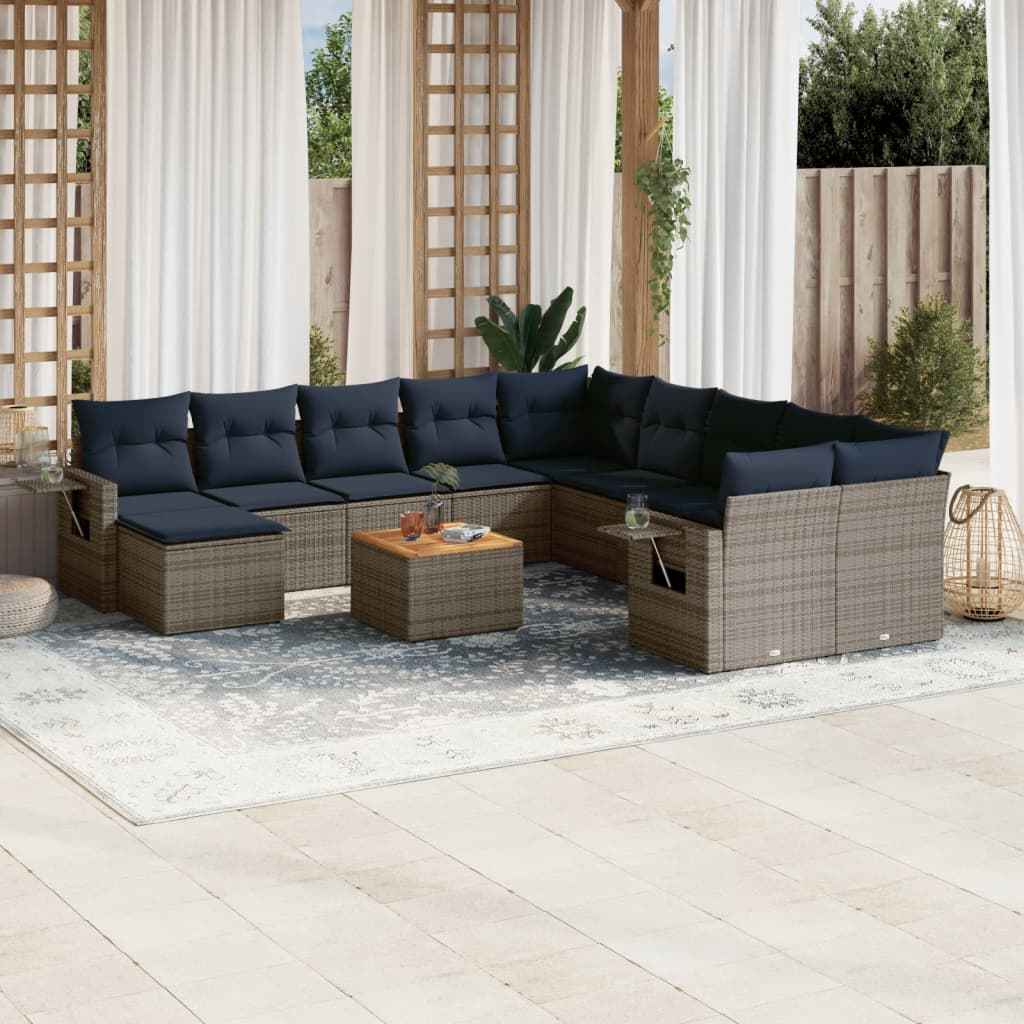 vidaXL 12-piece garden sofa set with wicker cushions, PE gray.
