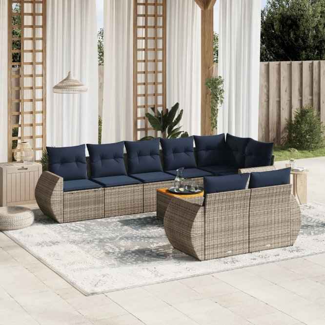 vidaXL 9 pcs conjunto sofás p/ jardim c/ almofadões vime PE cinzento