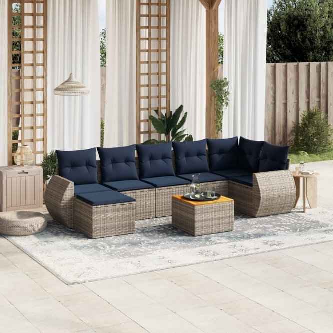 vidaXL 8 pcs conjunto sofás p/ jardim c/ almofadões vime PE cinzento