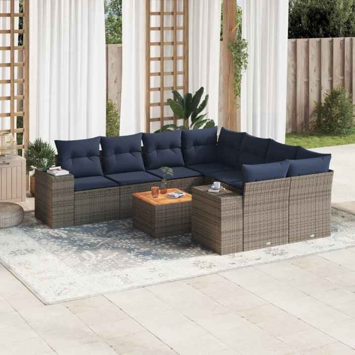 vidaXL 9 pcs conjunto sofás p/ jardim c/ almofadões vime PE cinzento