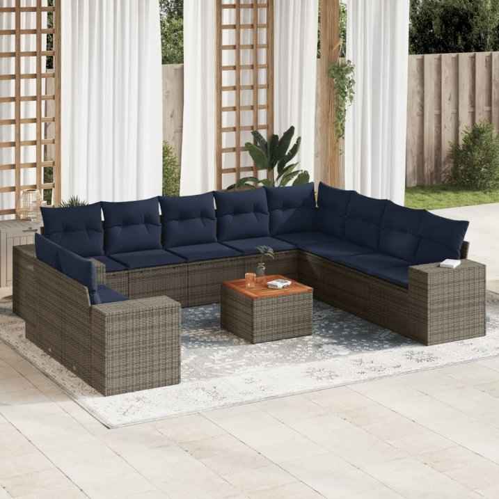 vidaXL 11-piece garden sofa set with cushions, gray PE wicker.