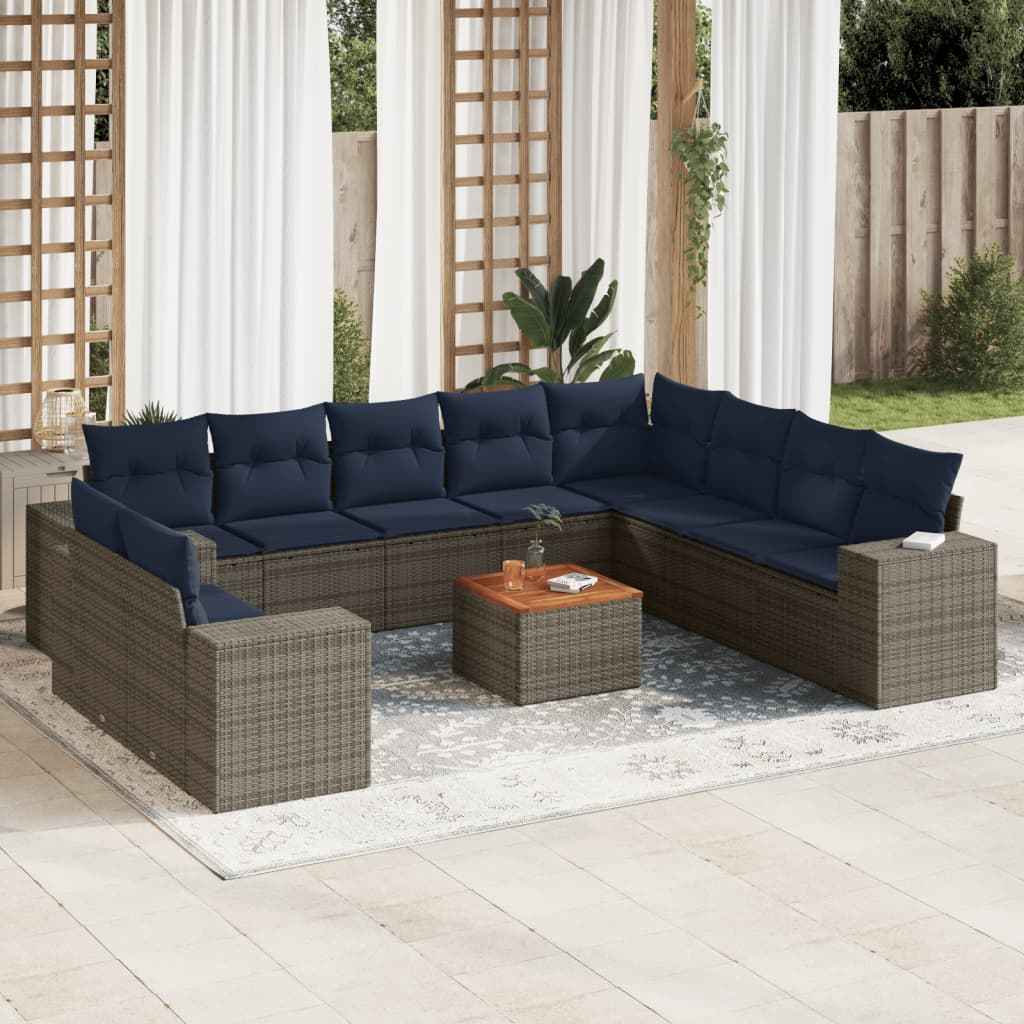 vidaXL 11-piece garden sofa set with cushions, gray PE wicker.
