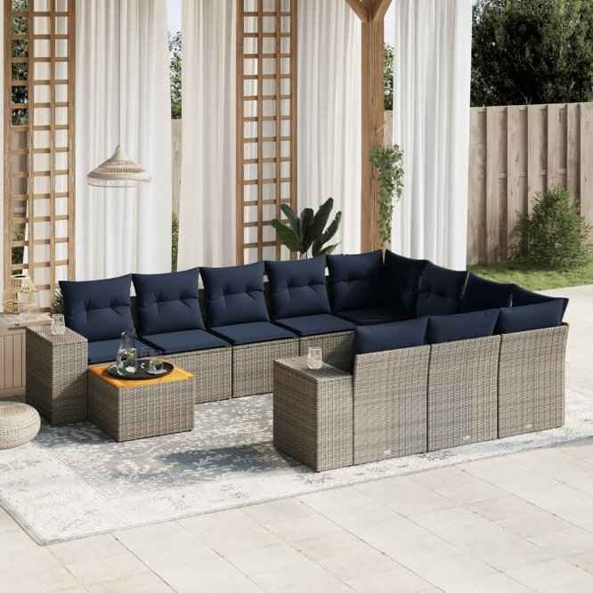 vidaXL 11-piece garden sofa set with cushions, gray PE wicker.