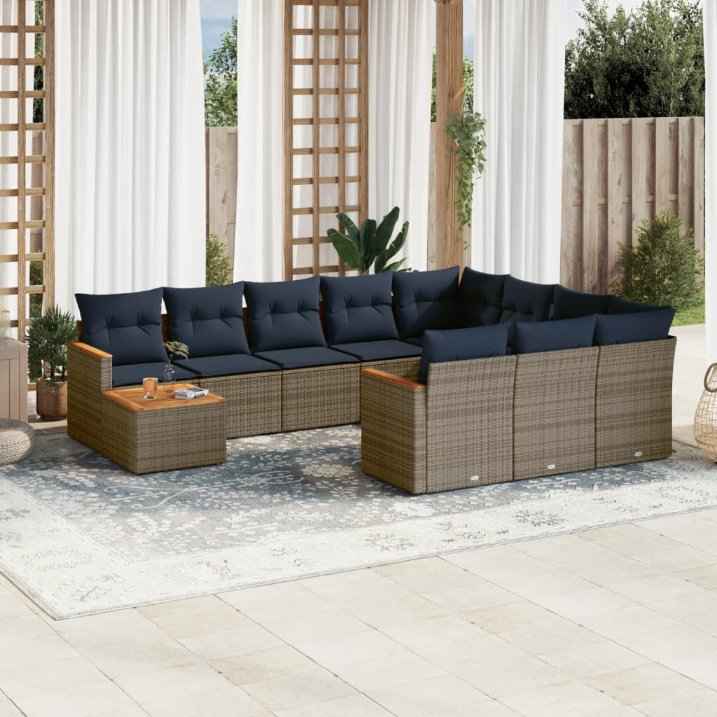 vidaXL 11 pcs conjunto sofás de jardim c/ almofadões vime PE cinzento