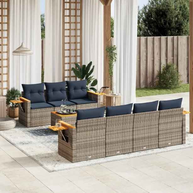 vidaXL 8 pcs conjunto sofás p/ jardim c/ almofadões vime PE cinzento