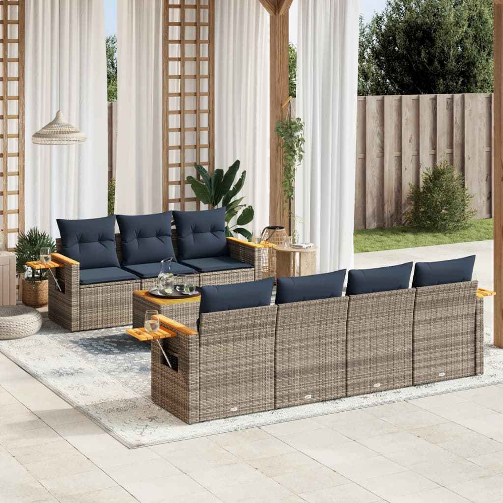 vidaXL 8 pcs conjunto sofás p/ jardim c/ almofadões vime PE cinzento