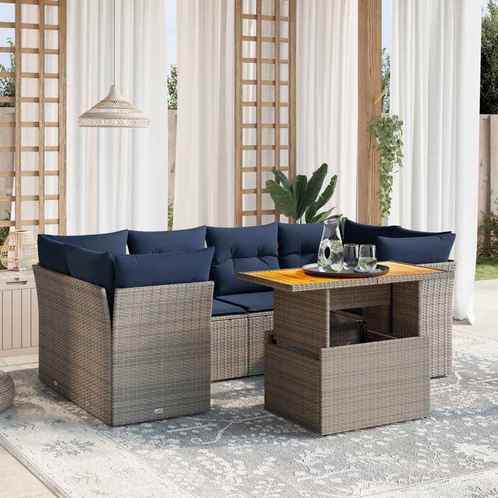 vidaXL 7 pcs conjunto sofás p/ jardim c/ almofadões vime PE cinzento