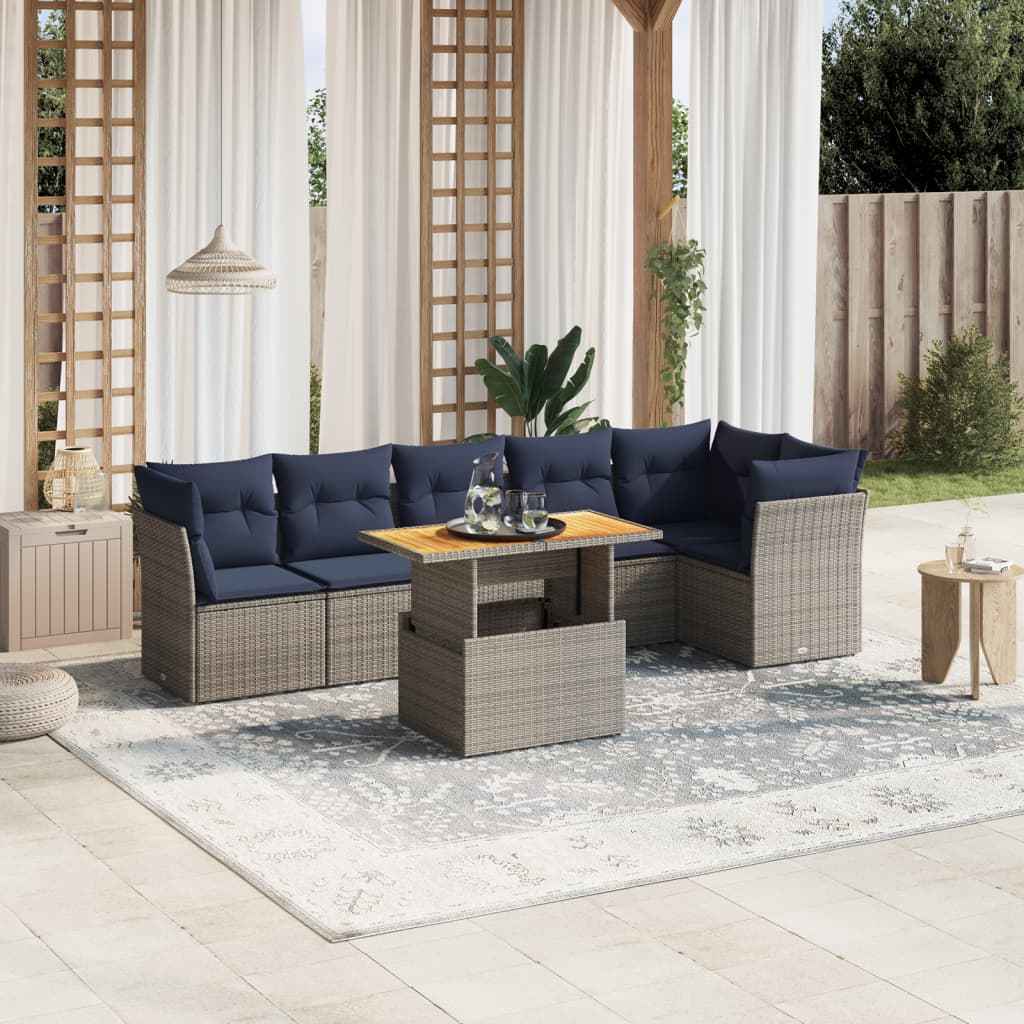 vidaXL 7 pcs conjunto sofás p/ jardim c/ almofadões vime PE cinzento