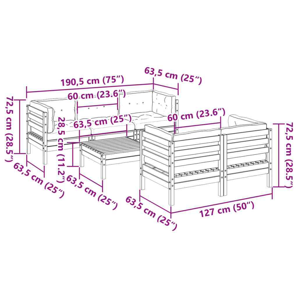 vidaXL 6 pcs conj. sofás jardim almofadões pinho maciço castanho cera