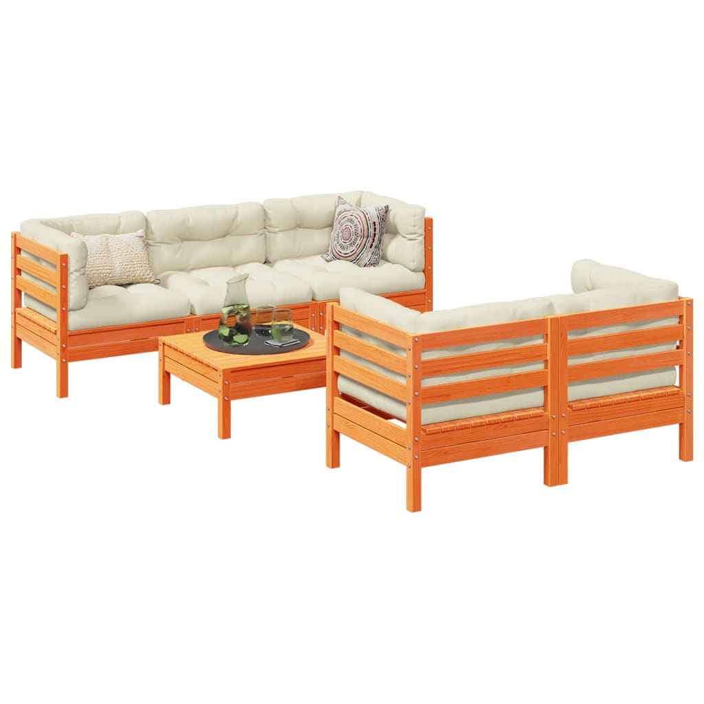 vidaXL 6 pcs conj. sofás jardim almofadões pinho maciço castanho cera