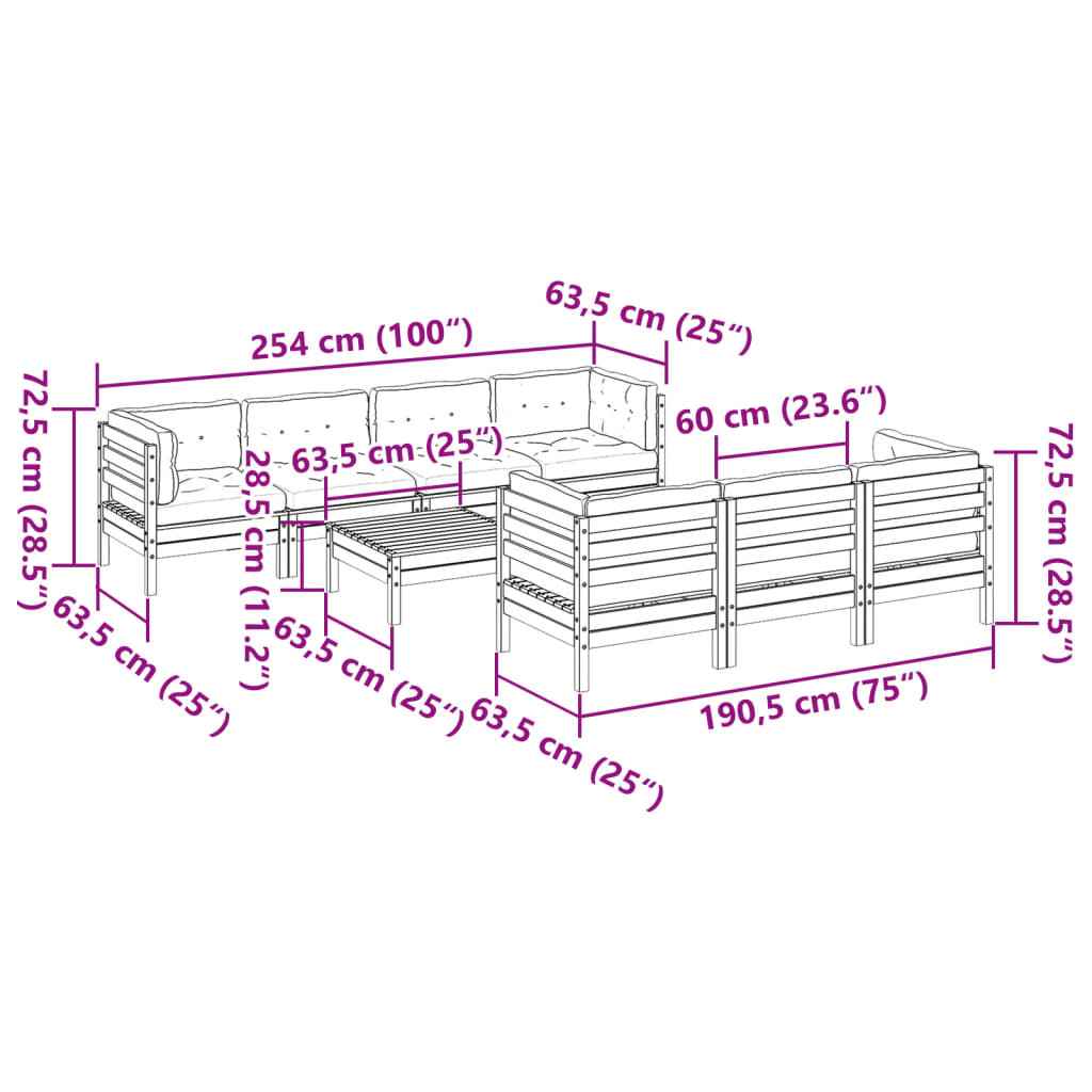 vidaXL 8pcs conj. sofás jardim c/ almofadões pinho maciço castanho mel