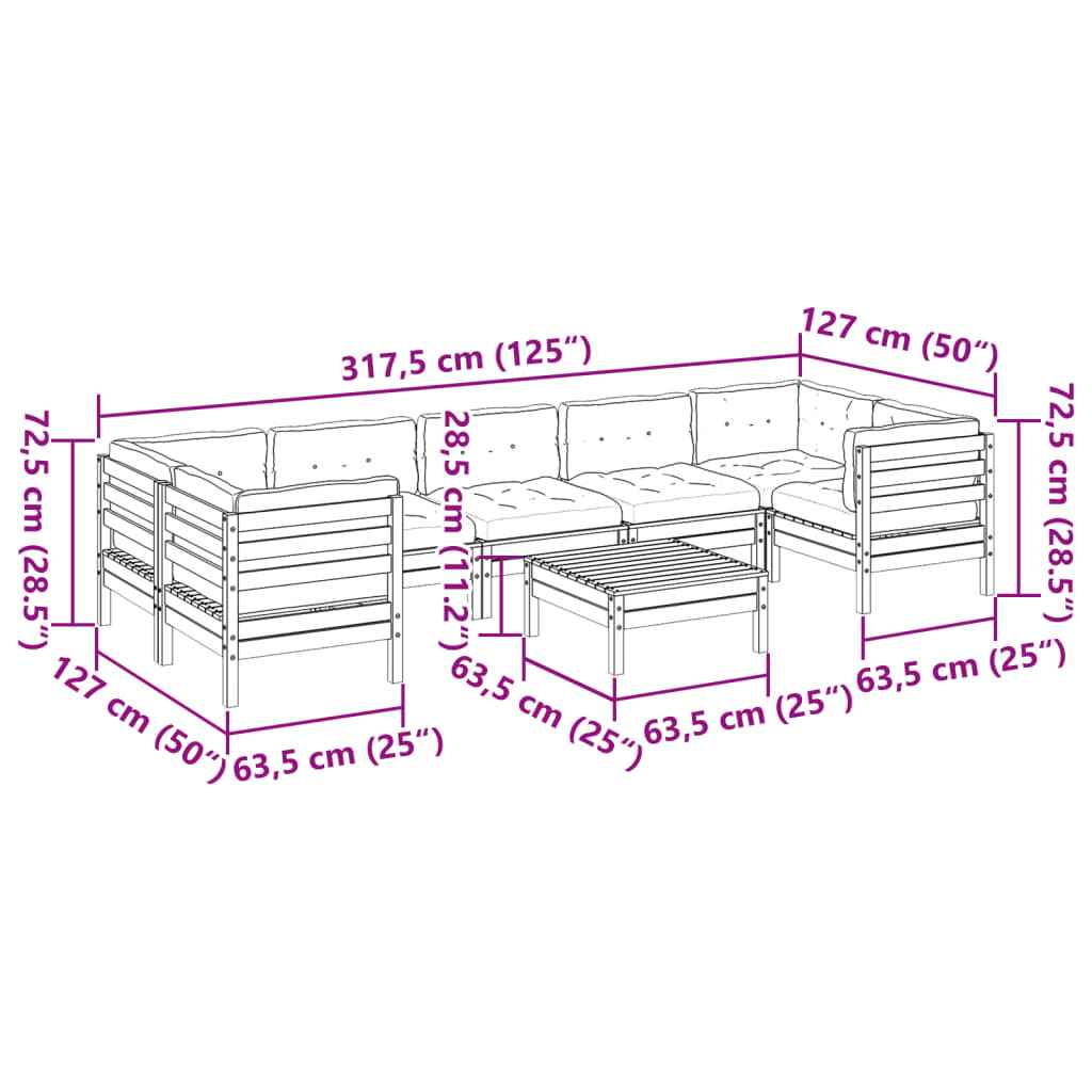 vidaXL 8pcs conj. sofás jardim c/ almofadões pinho maciço castanho mel