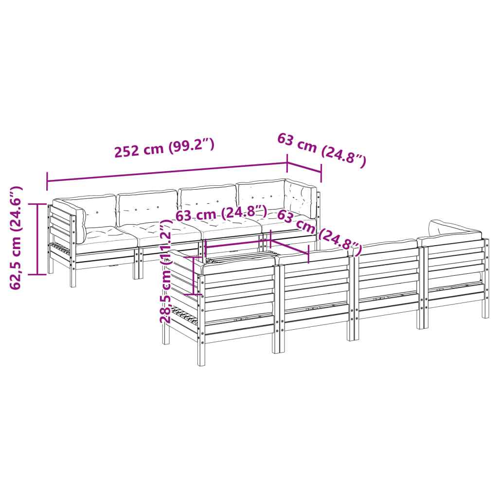 vidaXL 9pcs conj. sofás jardim c/ almofadões pinho maciço castanho mel