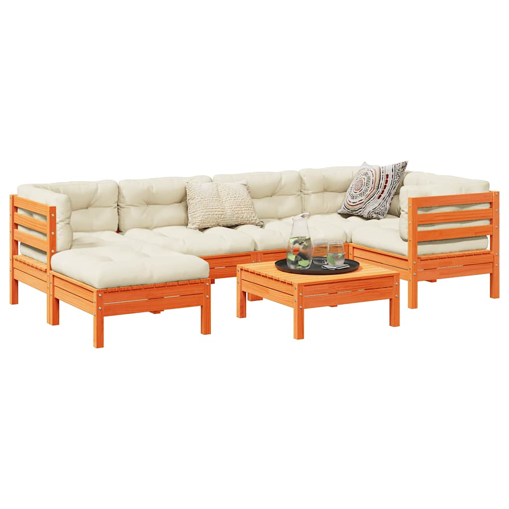 Conjunto de sofá de jardín vidaXL de 7 piezas con cojines, pino macizo, marrón miel.