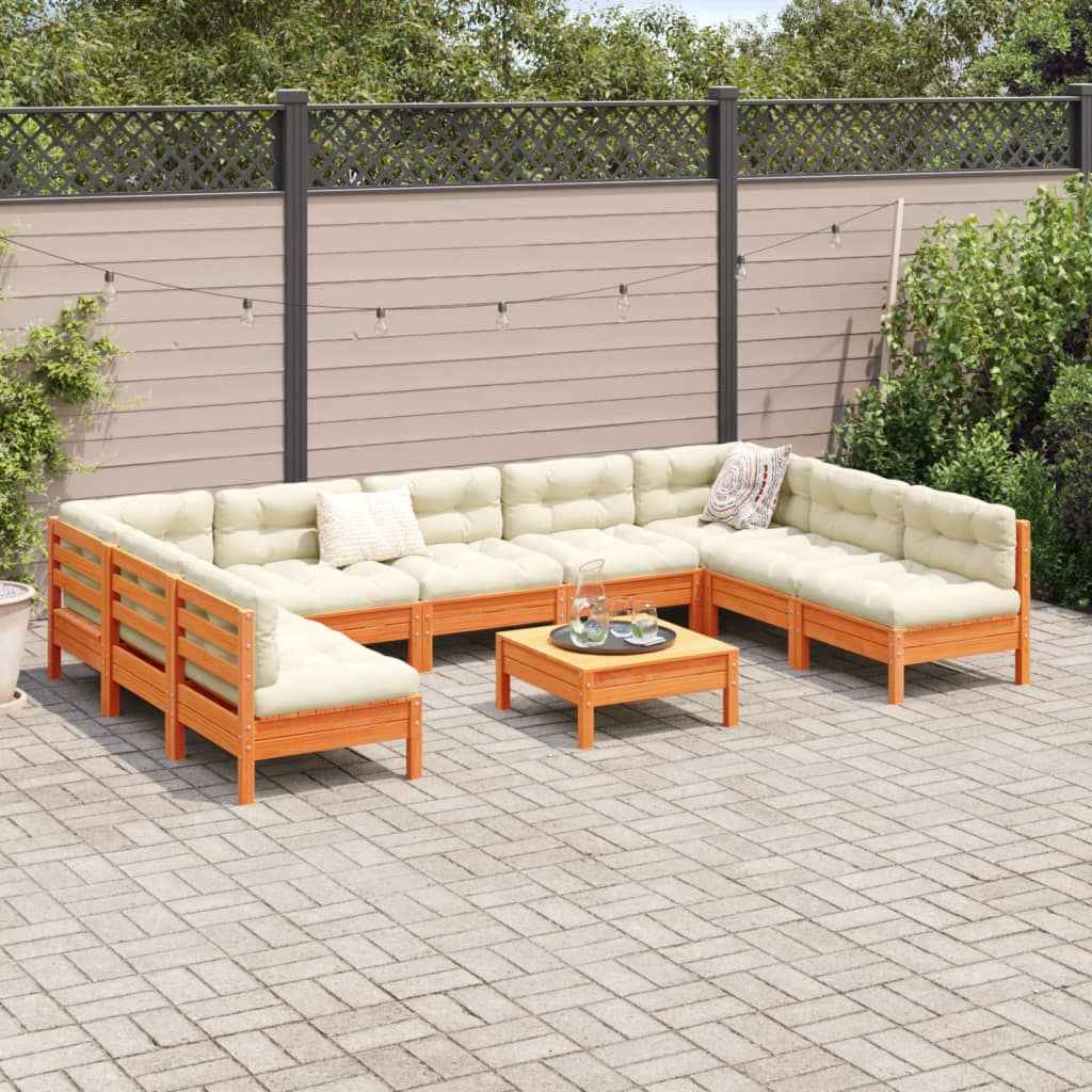 vidaXL 10pcs garden sofa set with cushions, solid pine, honey brown
