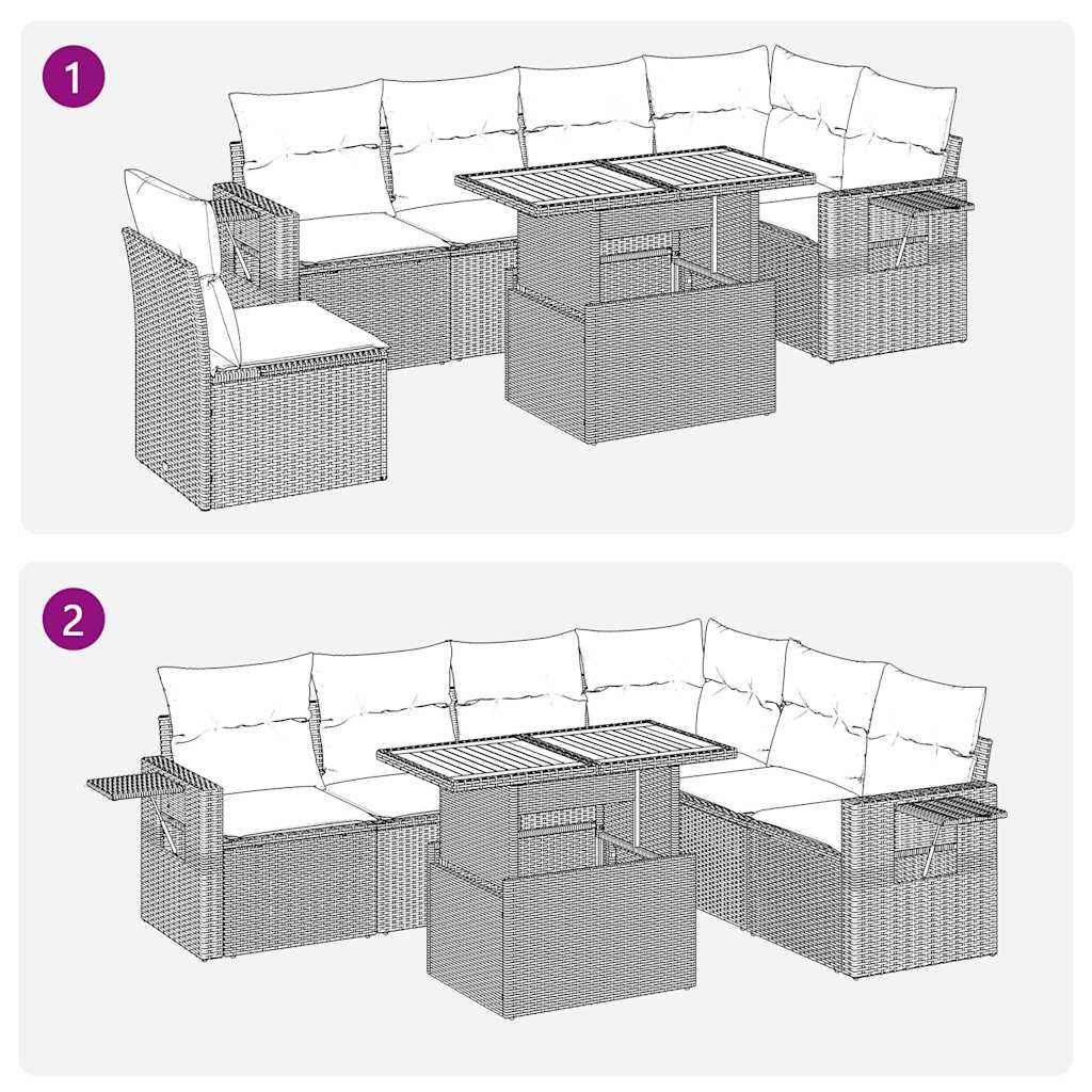 Conjunto de sofá de jardín vidaXL de 7 piezas con cojines de mimbre, gris PE.