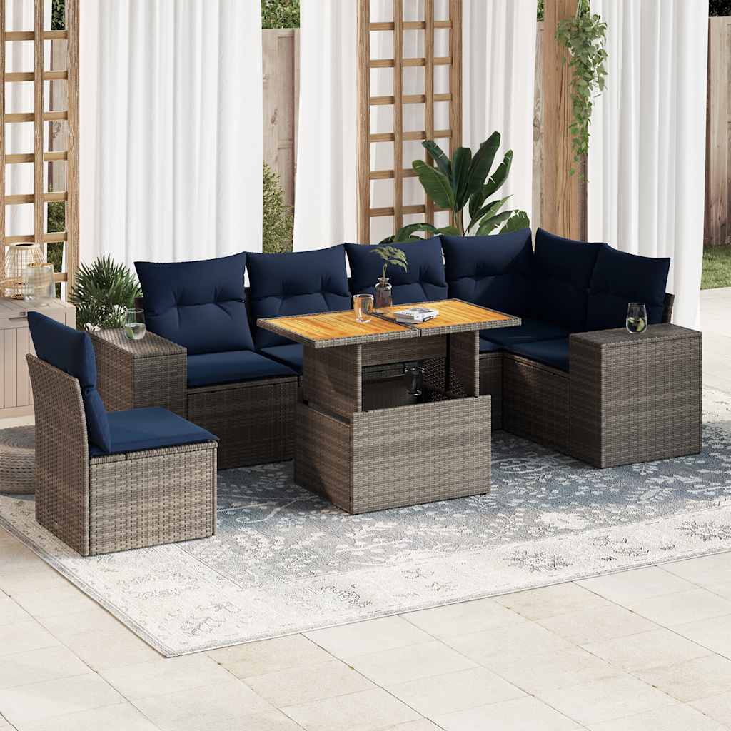 vidaXL 7-piece garden sofa set with wicker cushions, PE gray.