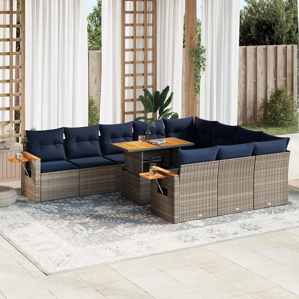 vidaXL 11-piece garden sofa set with cushions, wicker, PE/acacia.