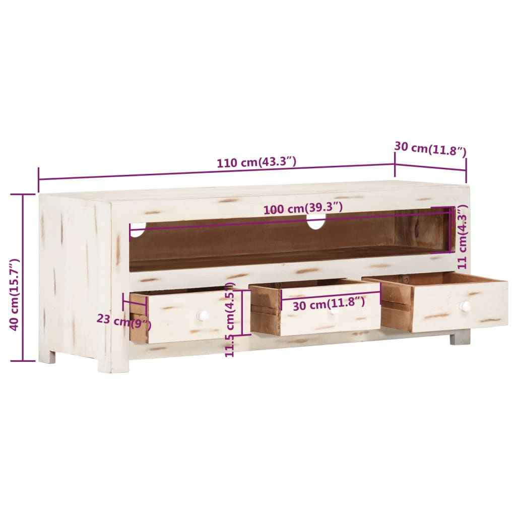 vidaXL Móvel de TV madeira de acácia maciça 110x30x40 cm branco
