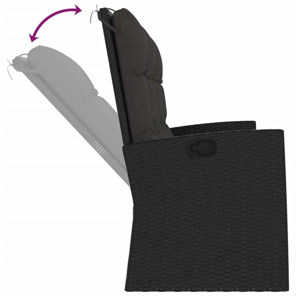 vidaXL Banco de jardim reclinável com almofadões 173 cm vime PE preto