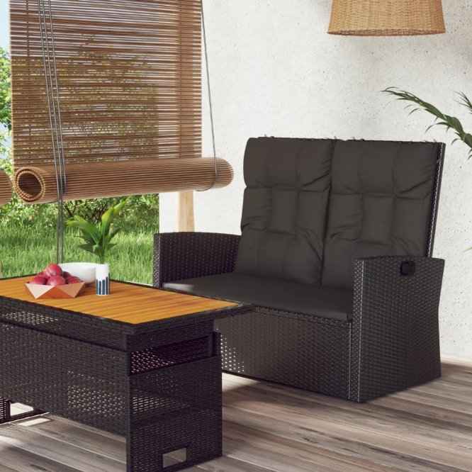 vidaXL Banco de jardim reclinável com almofadões 118 cm vime PE preto