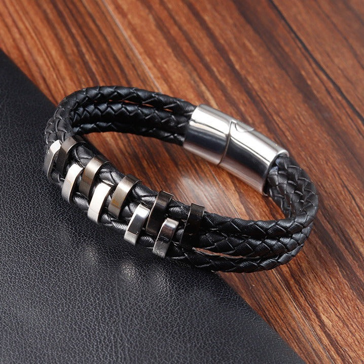 Pulseira de Couro e Aço Inoxidável