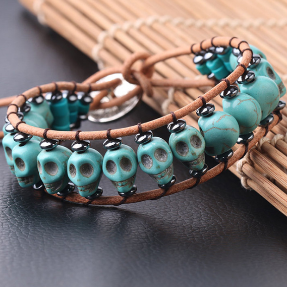 Pulsera de Calavera en Cuero y Piedra Natural