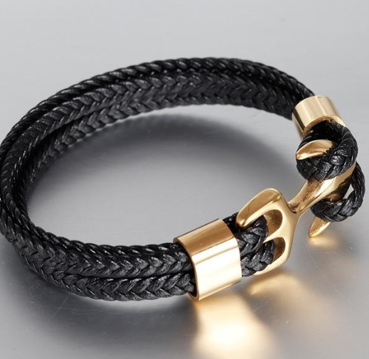 Leather and Stainless Steel Anchor Bracelet