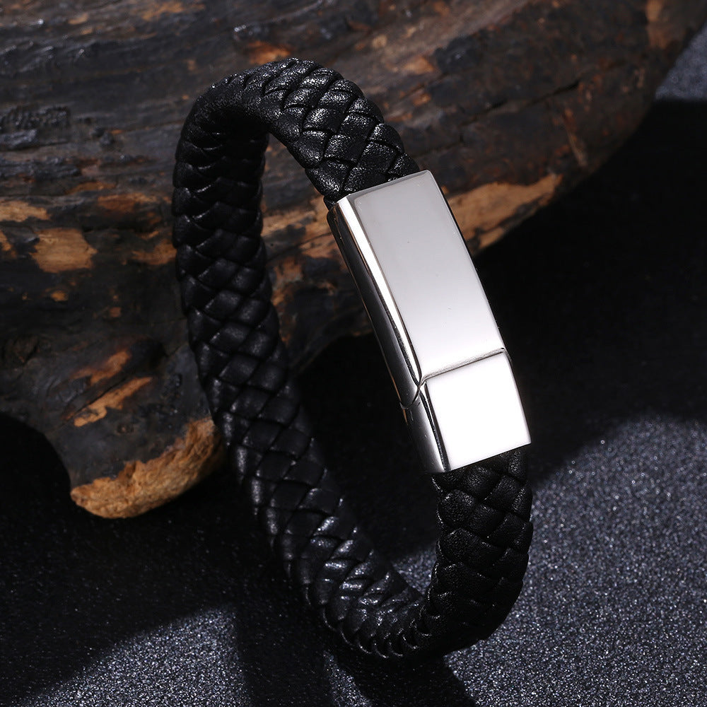 Personalized Leather and Stainless Steel Bracelet