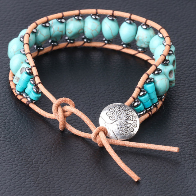 Pulsera de Calavera en Cuero y Piedra Natural