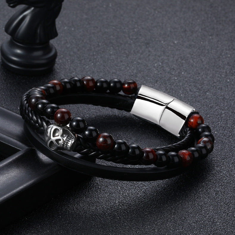 Skull Bracelet in Leather and Natural Stone