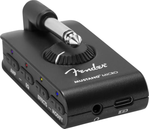 Fender Mustang Micro Plus amplificador de guitarra, amplificador de auriculares pessoal com 25 modelos de amplificador, 25 efeitos, Bluetooth e 100 presets, recarregável por USB