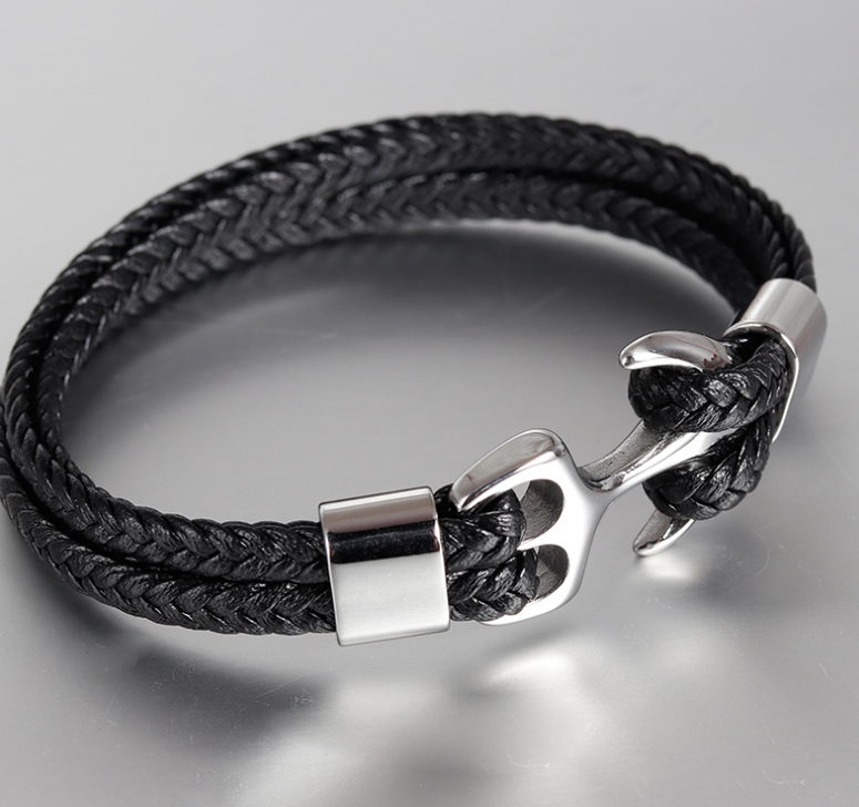 Leather and Stainless Steel Anchor Bracelet