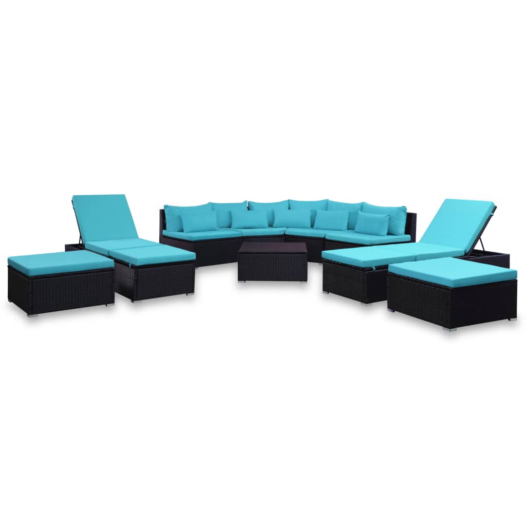 vidaXL Conjunto lounge de jardim c/ almofadões 9 pcs vime PE azul