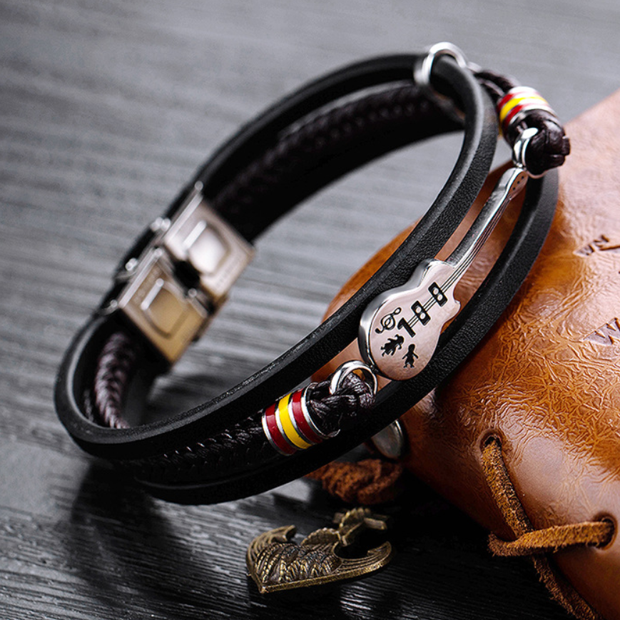 Pulseira de Couro e Aço Inoxidável Guitarra