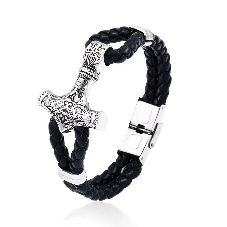 Pulseira Martelo Thor de Couro e Aço Inoxidável 316L