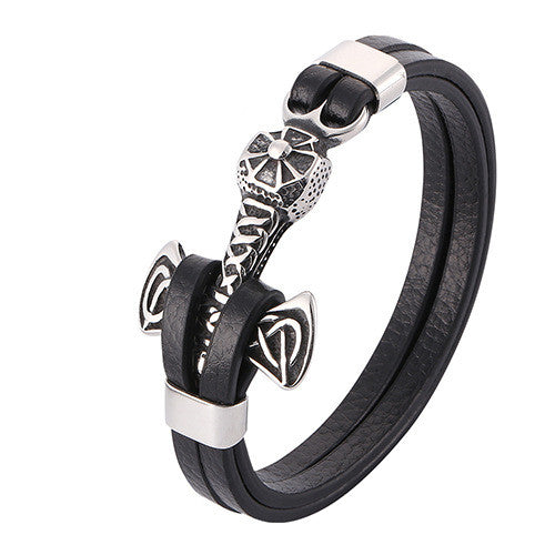 Pulseira Âncora de Couro e Aço Inoxidável