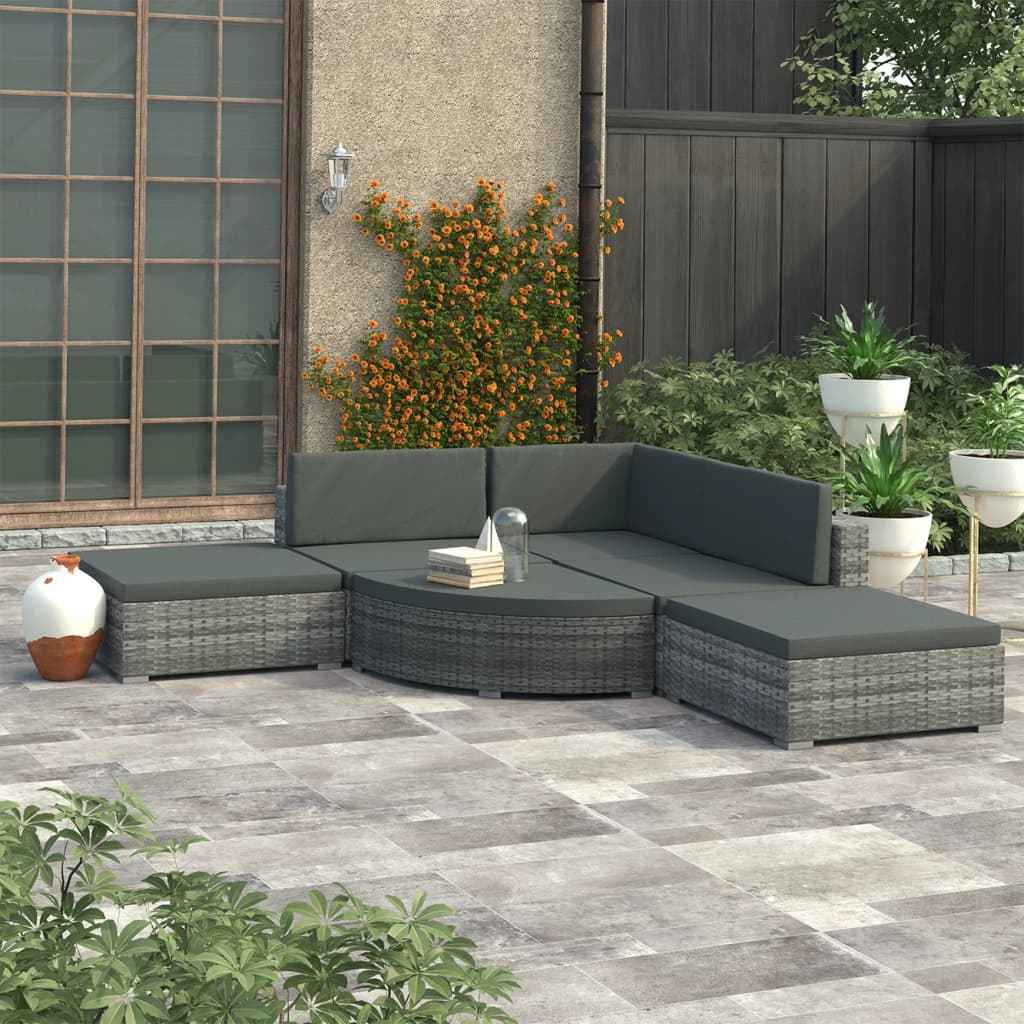 Conjunto de jardín vidaXL de 6 piezas con cojines, mimbre PE gris