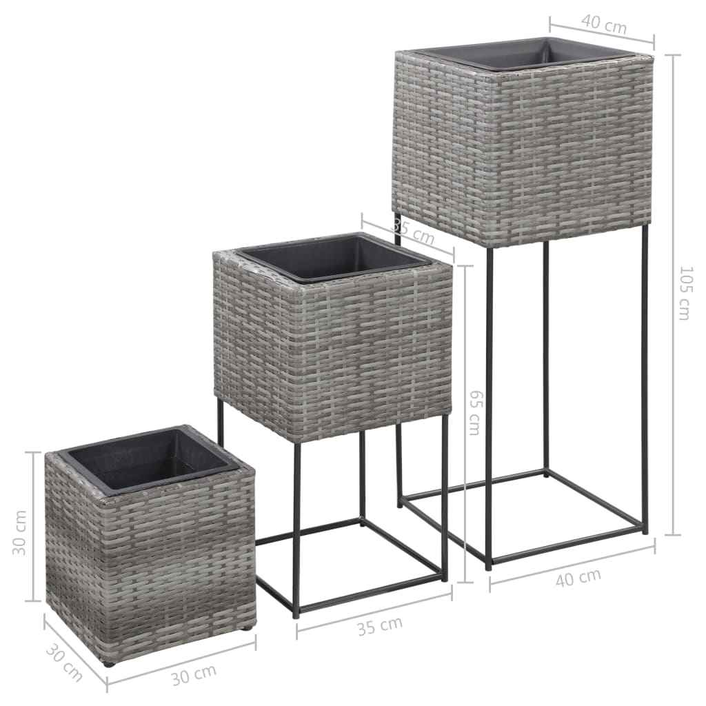 vidaXL Vasos para jardim elevados 3 pcs vime PE cinzento