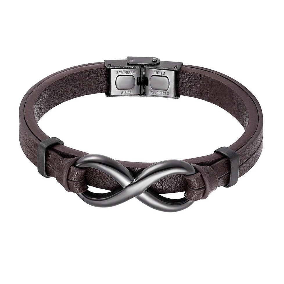 Pulseira de Couro e Aço Inoxidável Infinito