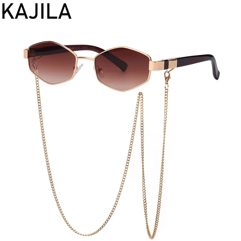 Sexy Small Frame Hexagon Sunglasses Women with Chain 2025 Luxury Brand Designer Punk Sun Glasses for Ladies Shades Gafas De Sol