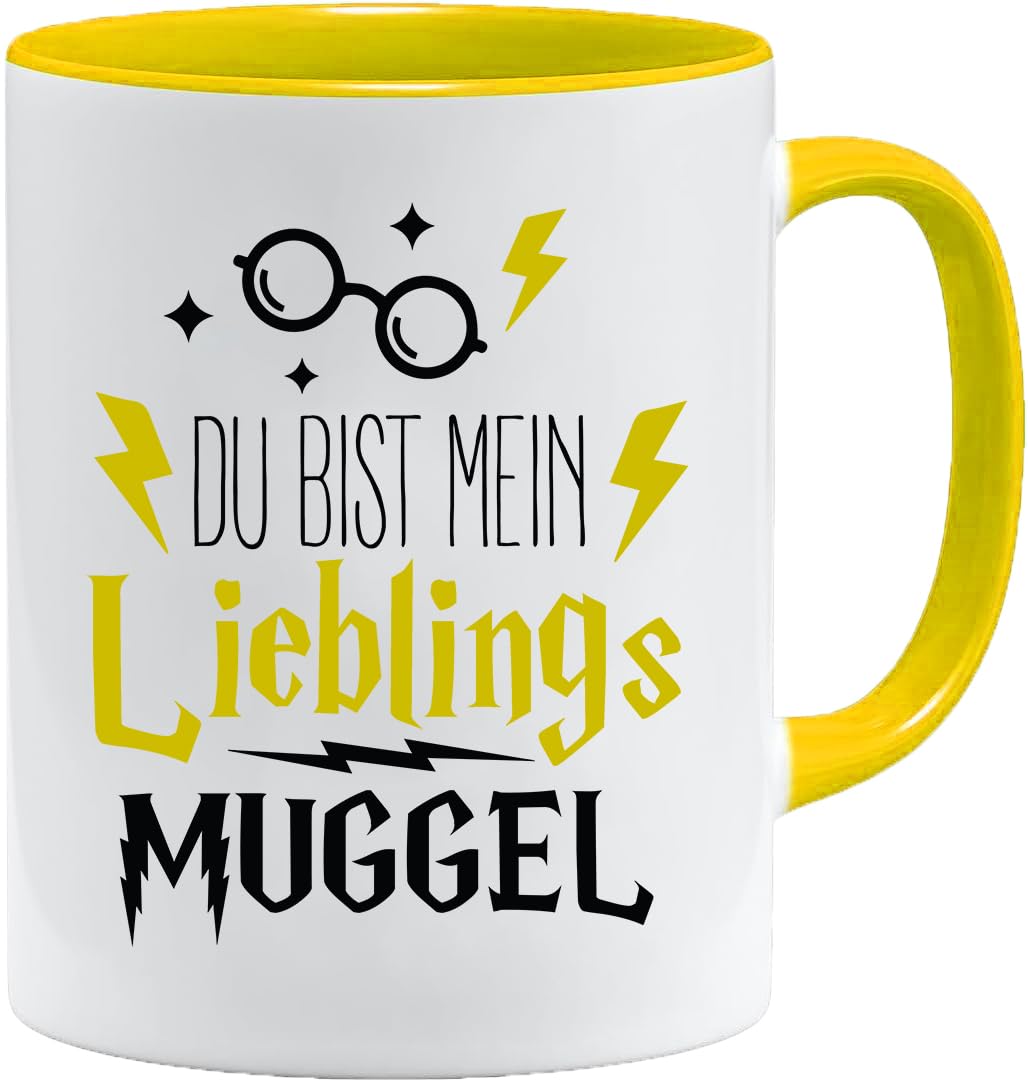 Jungle Mug Caneca de presente divertida com frase | Du bist mein lieblings Mugggel | ideia de presente | ideia de presente para amigo (Teddy, caneca e conjunto de porta-copos (amarelo))