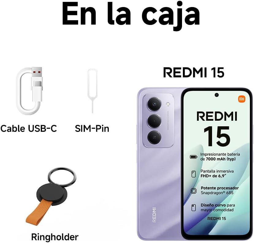 XIAOMI REDMI 15 - Smartphone de 8+256GB, Cámara Dual de 50MP con AI, Pantalla inmersiva de 6,9” FHD+, Snapdragon 685, Carga rápida de 33W, Cargador no Incluido, Negro (Versión ES)