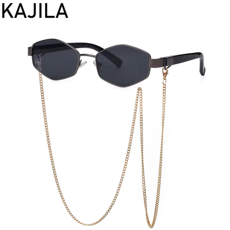Sexy Small Frame Hexagon Sunglasses Women with Chain 2025 Luxury Brand Designer Punk Sun Glasses for Ladies Shades Gafas De Sol