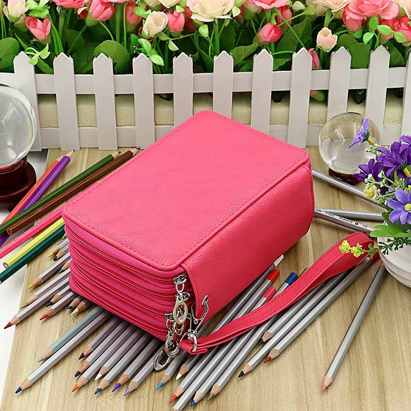 72 Holders 4 Layers Handy PU Leather School Pencils Case Large Capacity Colored Pencil Bag for Student Gift Art Supplies
